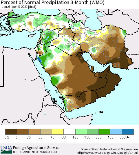 Middle East and Turkey Percent of Normal Precipitation 3-Month (WMO) Thematic Map For 1/6/2021 - 4/5/2021