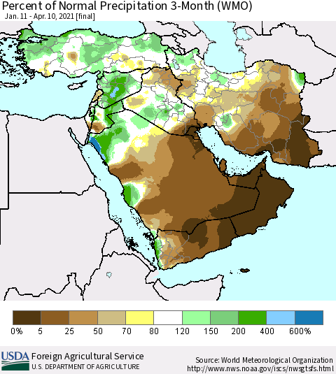 Middle East and Turkey Percent of Normal Precipitation 3-Month (WMO) Thematic Map For 1/11/2021 - 4/10/2021