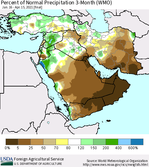 Middle East and Turkey Percent of Normal Precipitation 3-Month (WMO) Thematic Map For 1/16/2021 - 4/15/2021