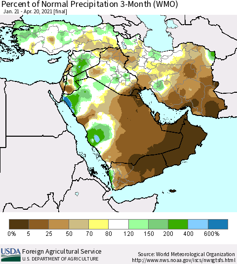 Middle East and Turkey Percent of Normal Precipitation 3-Month (WMO) Thematic Map For 1/21/2021 - 4/20/2021
