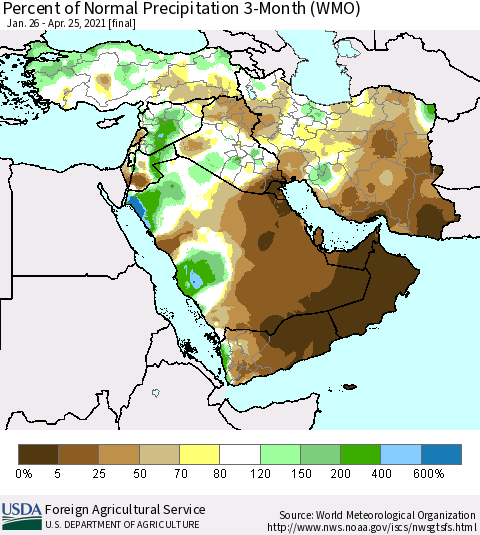 Middle East and Turkey Percent of Normal Precipitation 3-Month (WMO) Thematic Map For 1/26/2021 - 4/25/2021