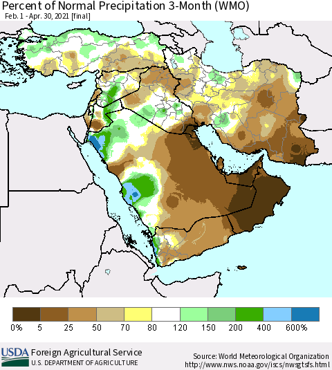 Middle East and Turkey Percent of Normal Precipitation 3-Month (WMO) Thematic Map For 2/1/2021 - 4/30/2021