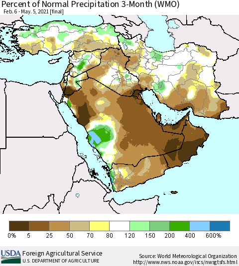 Middle East and Turkey Percent of Normal Precipitation 3-Month (WMO) Thematic Map For 2/6/2021 - 5/5/2021
