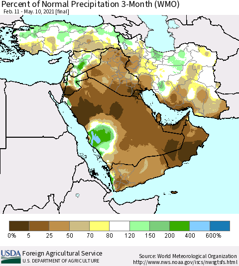 Middle East and Turkey Percent of Normal Precipitation 3-Month (WMO) Thematic Map For 2/11/2021 - 5/10/2021