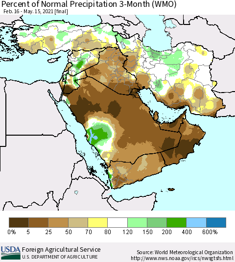 Middle East and Turkey Percent of Normal Precipitation 3-Month (WMO) Thematic Map For 2/16/2021 - 5/15/2021