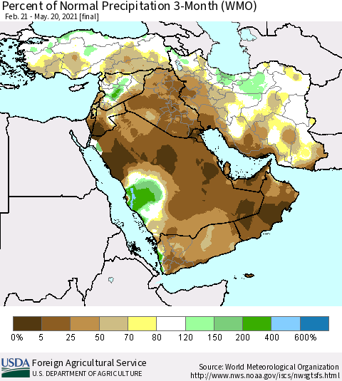Middle East and Turkey Percent of Normal Precipitation 3-Month (WMO) Thematic Map For 2/21/2021 - 5/20/2021