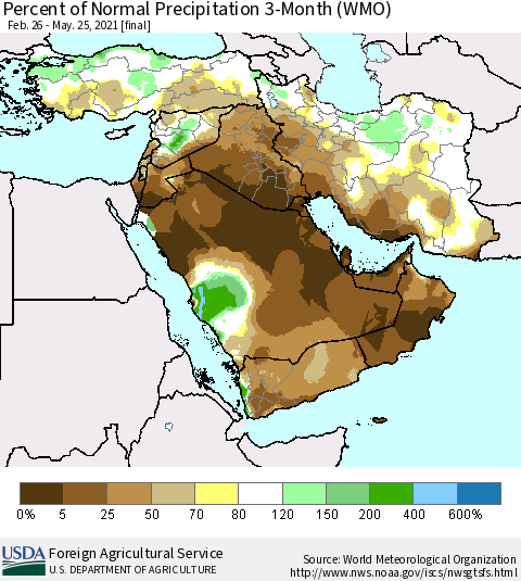 Middle East and Turkey Percent of Normal Precipitation 3-Month (WMO) Thematic Map For 2/26/2021 - 5/25/2021