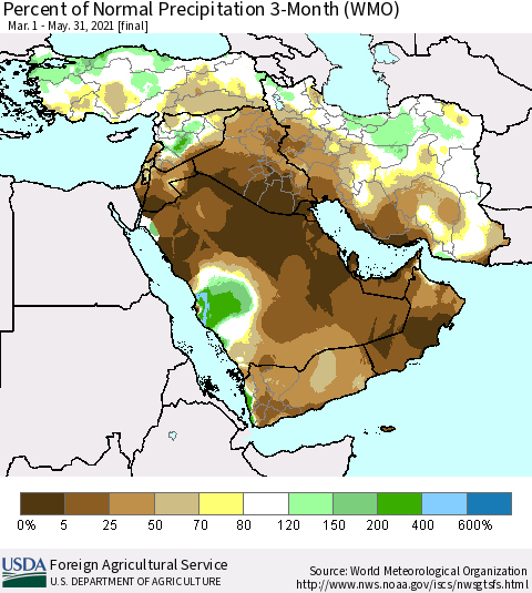 Middle East and Turkey Percent of Normal Precipitation 3-Month (WMO) Thematic Map For 3/1/2021 - 5/31/2021