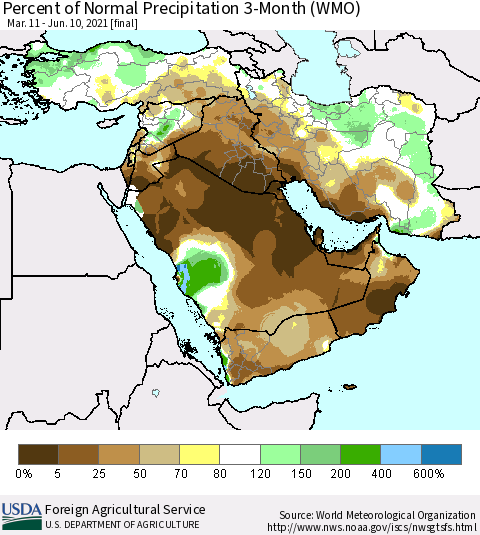 Middle East and Turkey Percent of Normal Precipitation 3-Month (WMO) Thematic Map For 3/11/2021 - 6/10/2021