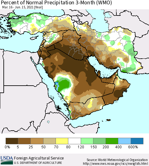 Middle East and Turkey Percent of Normal Precipitation 3-Month (WMO) Thematic Map For 3/16/2021 - 6/15/2021