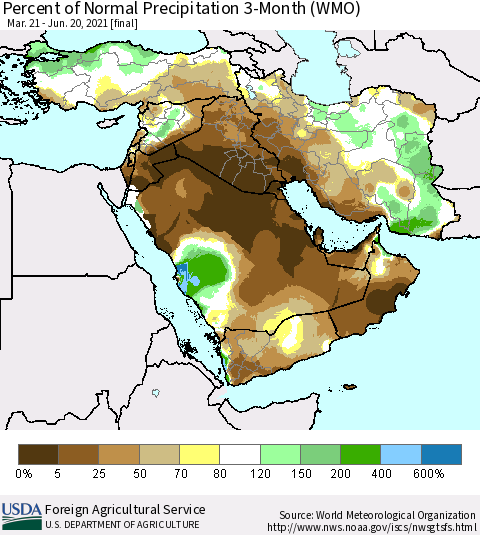 Middle East and Turkey Percent of Normal Precipitation 3-Month (WMO) Thematic Map For 3/21/2021 - 6/20/2021
