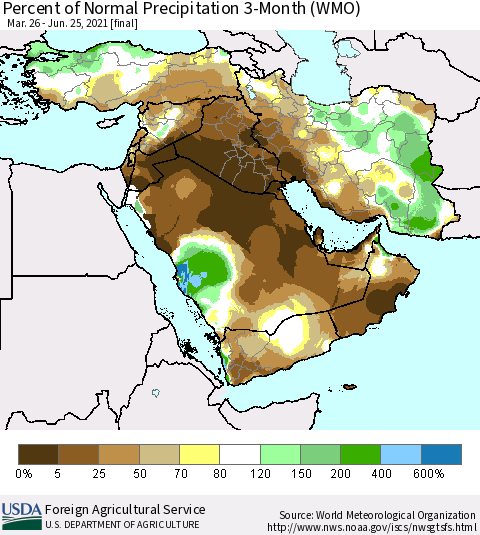 Middle East and Turkey Percent of Normal Precipitation 3-Month (WMO) Thematic Map For 3/26/2021 - 6/25/2021