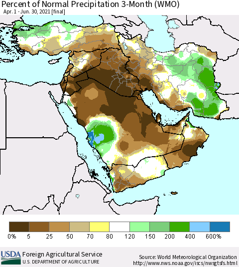 Middle East and Turkey Percent of Normal Precipitation 3-Month (WMO) Thematic Map For 4/1/2021 - 6/30/2021