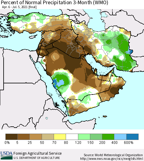 Middle East and Turkey Percent of Normal Precipitation 3-Month (WMO) Thematic Map For 4/6/2021 - 7/5/2021