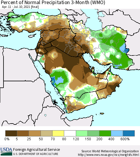 Middle East and Turkey Percent of Normal Precipitation 3-Month (WMO) Thematic Map For 4/11/2021 - 7/10/2021