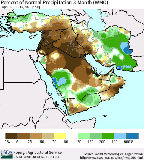 Middle East and Turkey Percent of Normal Precipitation 3-Month (WMO) Thematic Map For 4/16/2021 - 7/15/2021