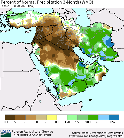 Middle East and Turkey Percent of Normal Precipitation 3-Month (WMO) Thematic Map For 4/21/2021 - 7/20/2021
