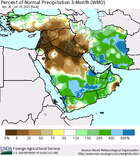 Middle East and Turkey Percent of Normal Precipitation 3-Month (WMO) Thematic Map For 4/26/2021 - 7/25/2021