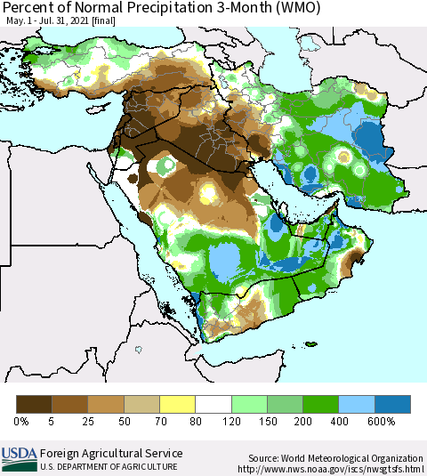 Middle East and Turkey Percent of Normal Precipitation 3-Month (WMO) Thematic Map For 5/1/2021 - 7/31/2021