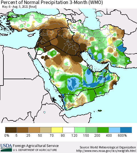 Middle East and Turkey Percent of Normal Precipitation 3-Month (WMO) Thematic Map For 5/6/2021 - 8/5/2021