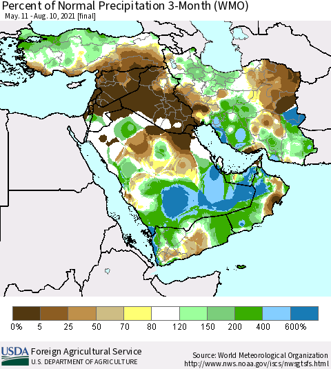 Middle East and Turkey Percent of Normal Precipitation 3-Month (WMO) Thematic Map For 5/11/2021 - 8/10/2021