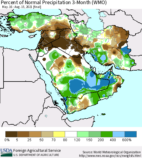 Middle East and Turkey Percent of Normal Precipitation 3-Month (WMO) Thematic Map For 5/16/2021 - 8/15/2021