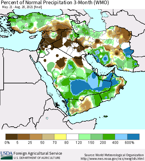 Middle East and Turkey Percent of Normal Precipitation 3-Month (WMO) Thematic Map For 5/21/2021 - 8/20/2021