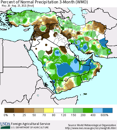 Middle East and Turkey Percent of Normal Precipitation 3-Month (WMO) Thematic Map For 5/26/2021 - 8/25/2021