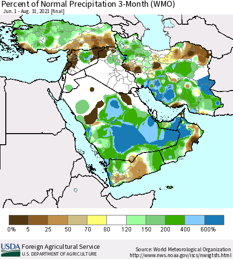 Middle East and Turkey Percent of Normal Precipitation 3-Month (WMO) Thematic Map For 6/1/2021 - 8/31/2021