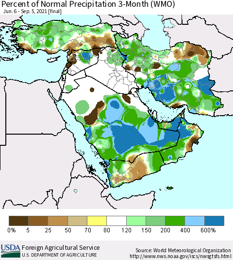 Middle East and Turkey Percent of Normal Precipitation 3-Month (WMO) Thematic Map For 6/6/2021 - 9/5/2021
