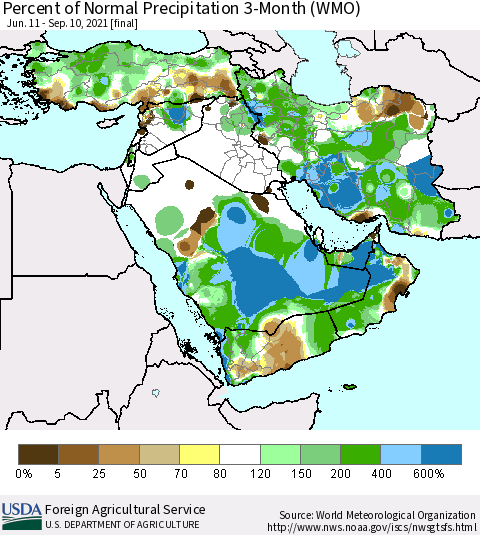 Middle East and Turkey Percent of Normal Precipitation 3-Month (WMO) Thematic Map For 6/11/2021 - 9/10/2021