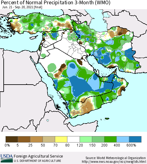 Middle East and Turkey Percent of Normal Precipitation 3-Month (WMO) Thematic Map For 6/21/2021 - 9/20/2021