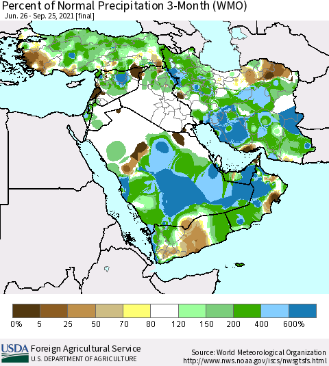 Middle East and Turkey Percent of Normal Precipitation 3-Month (WMO) Thematic Map For 6/26/2021 - 9/25/2021