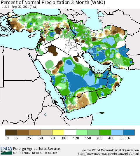 Middle East and Turkey Percent of Normal Precipitation 3-Month (WMO) Thematic Map For 7/1/2021 - 9/30/2021