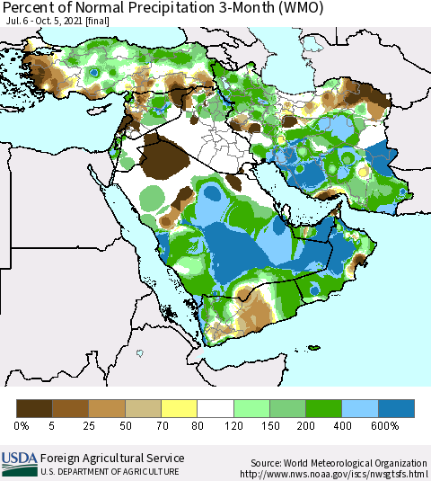 Middle East and Turkey Percent of Normal Precipitation 3-Month (WMO) Thematic Map For 7/6/2021 - 10/5/2021