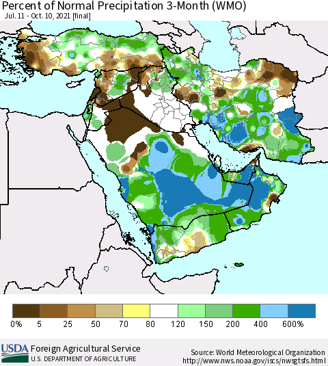 Middle East and Turkey Percent of Normal Precipitation 3-Month (WMO) Thematic Map For 7/11/2021 - 10/10/2021