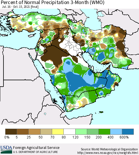 Middle East and Turkey Percent of Normal Precipitation 3-Month (WMO) Thematic Map For 7/16/2021 - 10/15/2021