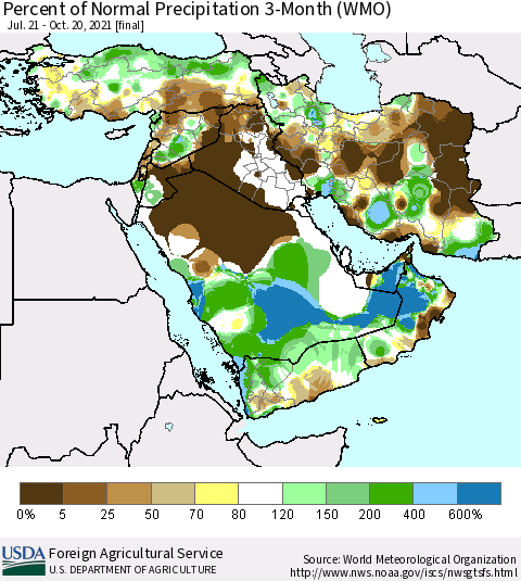 Middle East and Turkey Percent of Normal Precipitation 3-Month (WMO) Thematic Map For 7/21/2021 - 10/20/2021