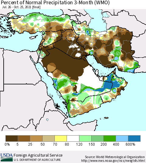 Middle East and Turkey Percent of Normal Precipitation 3-Month (WMO) Thematic Map For 7/26/2021 - 10/25/2021