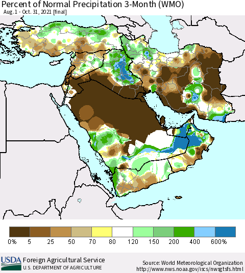 Middle East and Turkey Percent of Normal Precipitation 3-Month (WMO) Thematic Map For 8/1/2021 - 10/31/2021