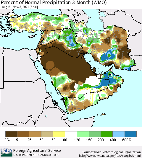 Middle East and Turkey Percent of Normal Precipitation 3-Month (WMO) Thematic Map For 8/6/2021 - 11/5/2021