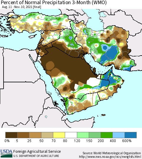 Middle East and Turkey Percent of Normal Precipitation 3-Month (WMO) Thematic Map For 8/11/2021 - 11/10/2021