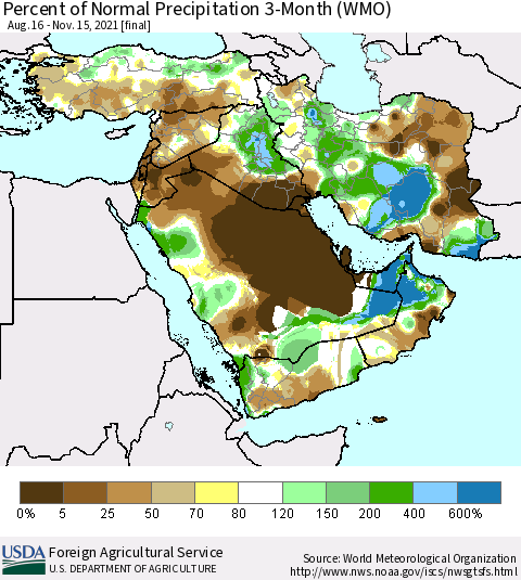 Middle East and Turkey Percent of Normal Precipitation 3-Month (WMO) Thematic Map For 8/16/2021 - 11/15/2021