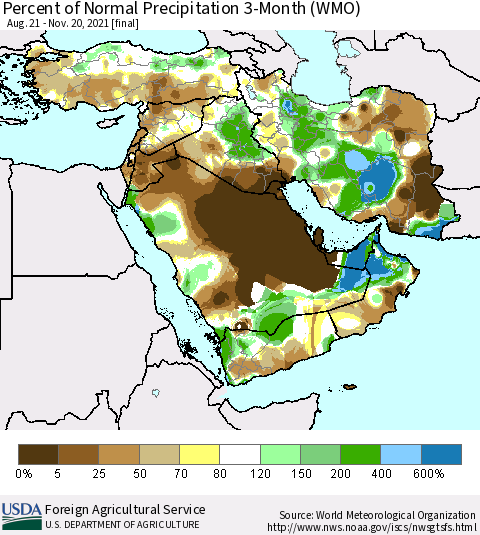 Middle East and Turkey Percent of Normal Precipitation 3-Month (WMO) Thematic Map For 8/21/2021 - 11/20/2021