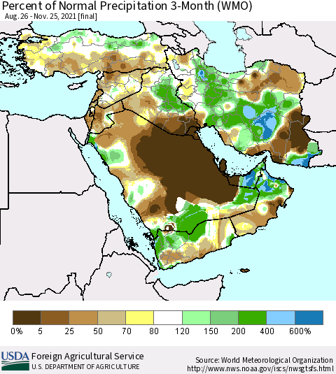 Middle East and Turkey Percent of Normal Precipitation 3-Month (WMO) Thematic Map For 8/26/2021 - 11/25/2021