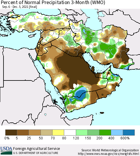 Middle East and Turkey Percent of Normal Precipitation 3-Month (WMO) Thematic Map For 9/6/2021 - 12/5/2021