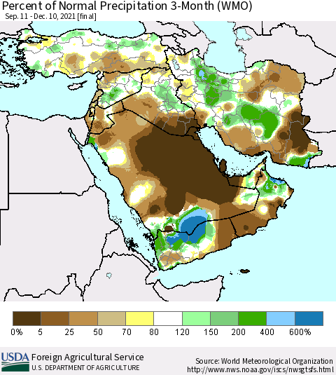 Middle East and Turkey Percent of Normal Precipitation 3-Month (WMO) Thematic Map For 9/11/2021 - 12/10/2021