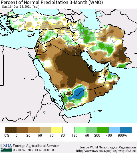 Middle East and Turkey Percent of Normal Precipitation 3-Month (WMO) Thematic Map For 9/16/2021 - 12/15/2021