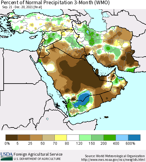 Middle East and Turkey Percent of Normal Precipitation 3-Month (WMO) Thematic Map For 9/21/2021 - 12/20/2021