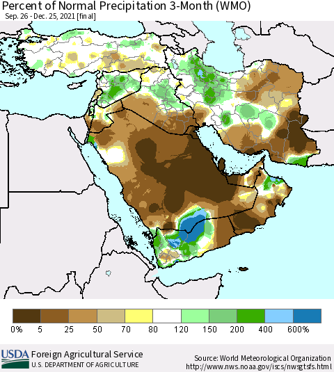 Middle East and Turkey Percent of Normal Precipitation 3-Month (WMO) Thematic Map For 9/26/2021 - 12/25/2021